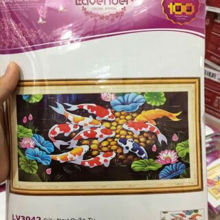Tranh thêu chữ thập cá chép 3D cửu ngư quần tụ 99*55cm