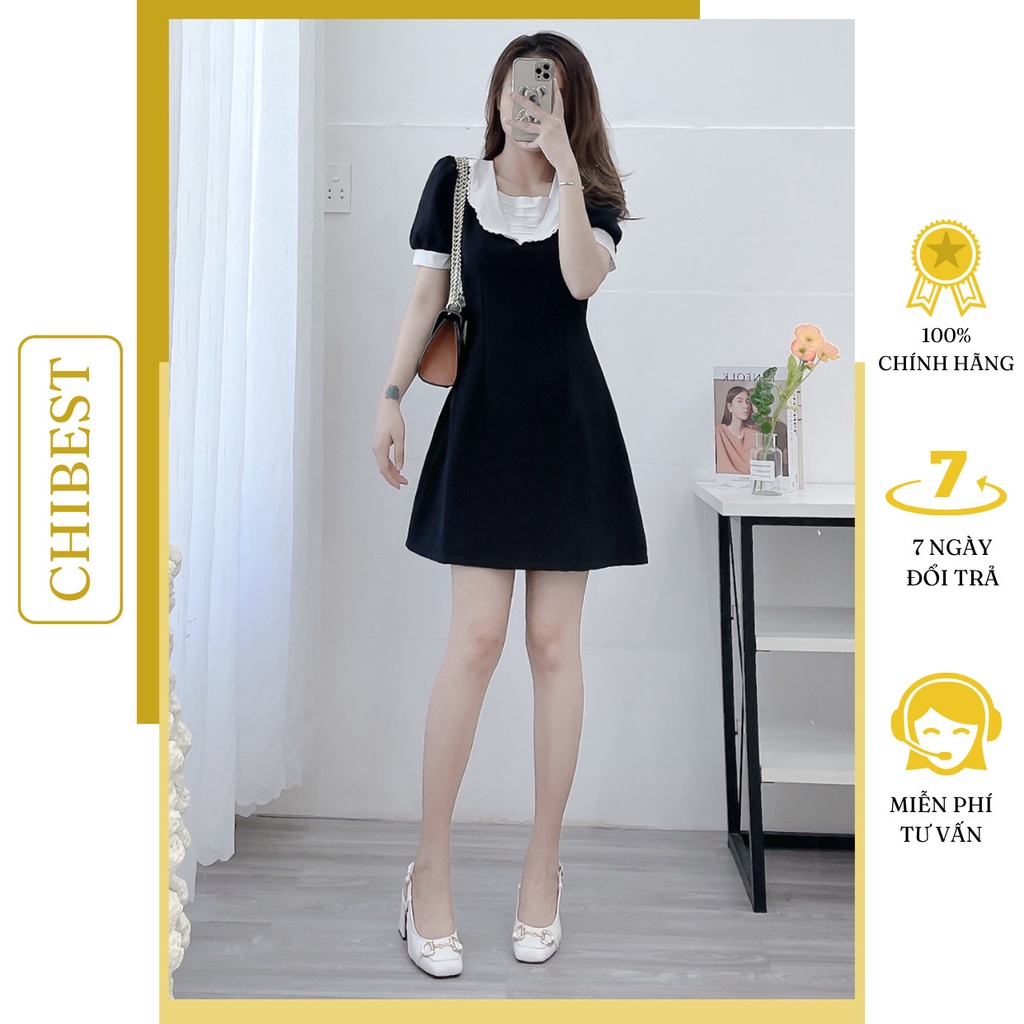 Đầm chữ đen chữ A dáng ngắn phối cổ viền trắng xếp ly ngang ngực CHIBEST HDB310