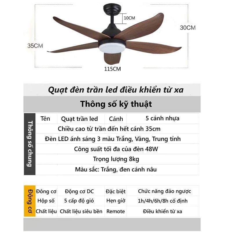 Quạt trần đèn 5 cánh điều khiển từ xa lắp đặt dễ dàng 6 cấp độ gió có chức năng đảo chiều kết hợp đèn LED 3 màu hiện đại