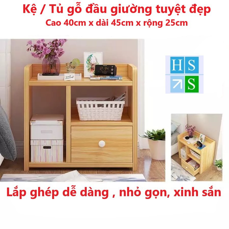 Kệ tủ gỗ đầu giường lắp ghép xinh sắn tiện lợi (45x40x25cm, mặt gỗ phủ chống nước, không mối mọt, 2 khoang 1 ngăn kéo)