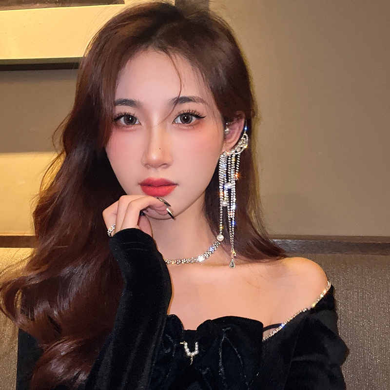 Bông Tai Đính Đá Phối Tua Rua Thời Trang Dành Cho Nữ