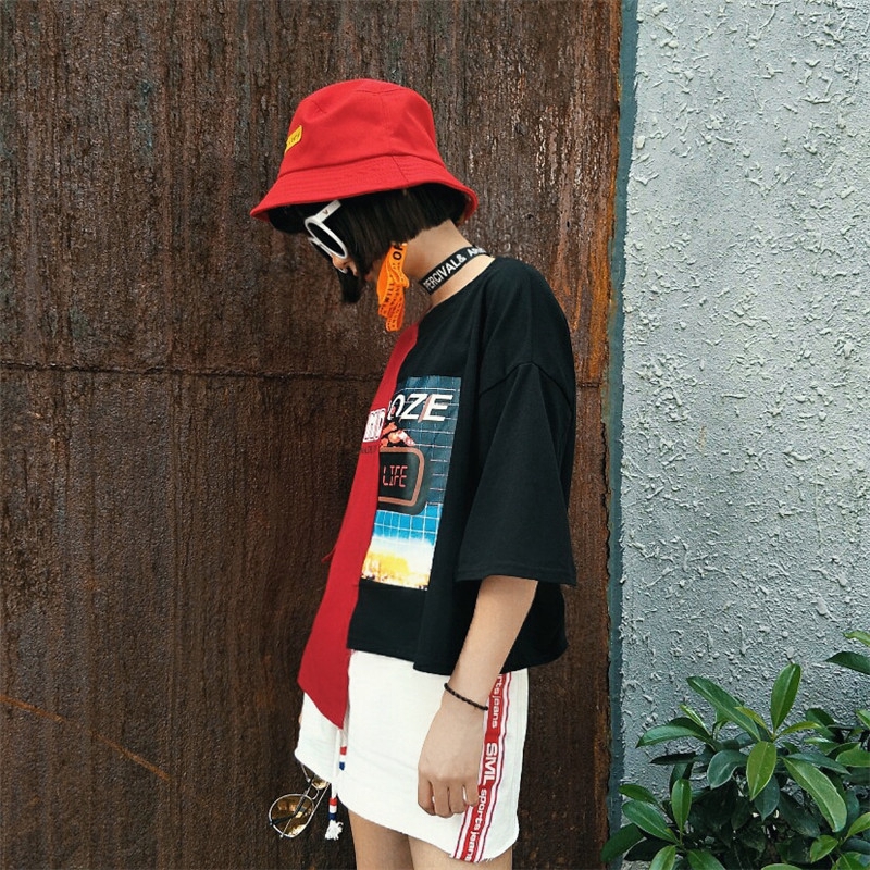 SUXI Áo thun ngắn tay in hình phong cách Hàn Quốc