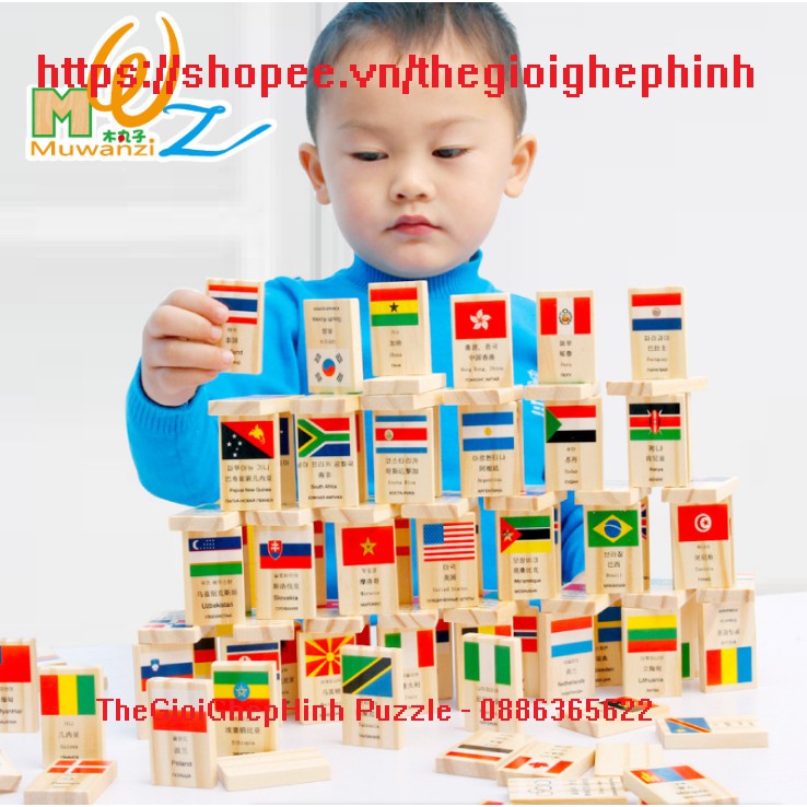 Domino gỗ 100 quân hình cờ các quốc gia - Dạy trẻ địa lý tìm hiểu các nước trên thế giới