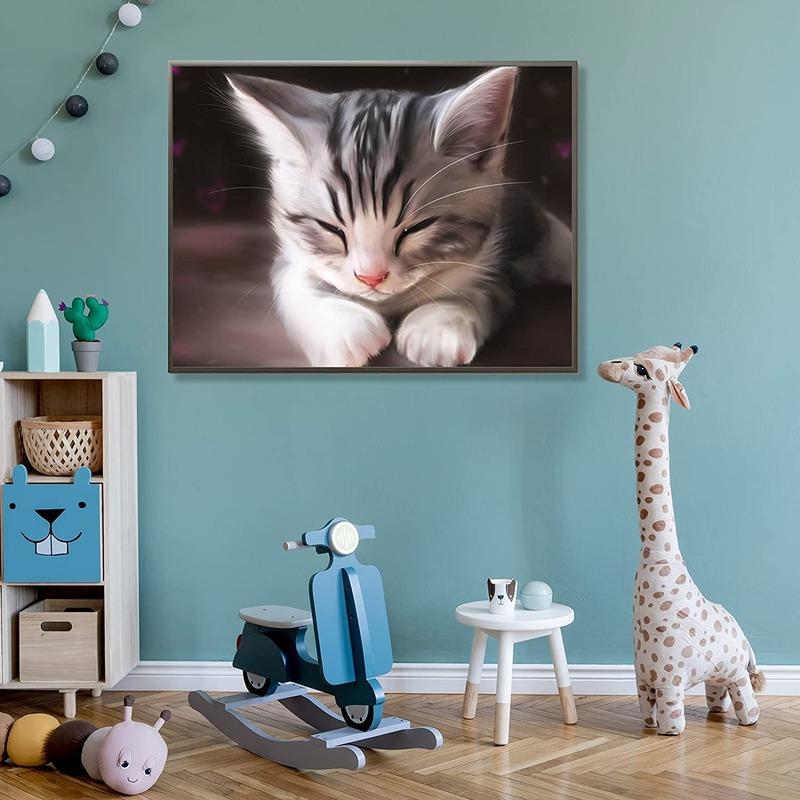 Bộ tranh đính đá 40×30cm tự làm hình chú mèo xinh xắn dùng cho trang trí nhà cửa