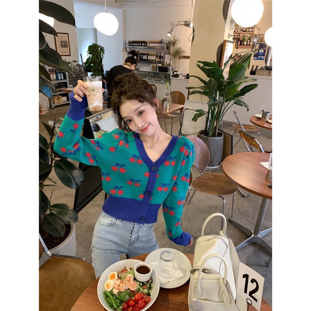 Áo len tay dài cổ chữ V họa tiết ngọt ngào phong cách retro Hàn Quốc mới