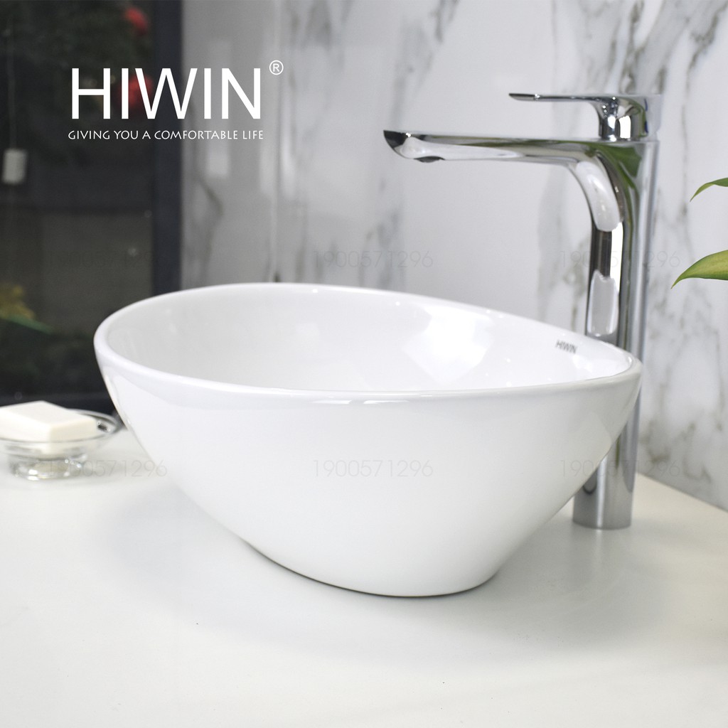 Chậu lavabo rửa mặt trắng sứ dáng elip độc đáo Hiwin LP-8020