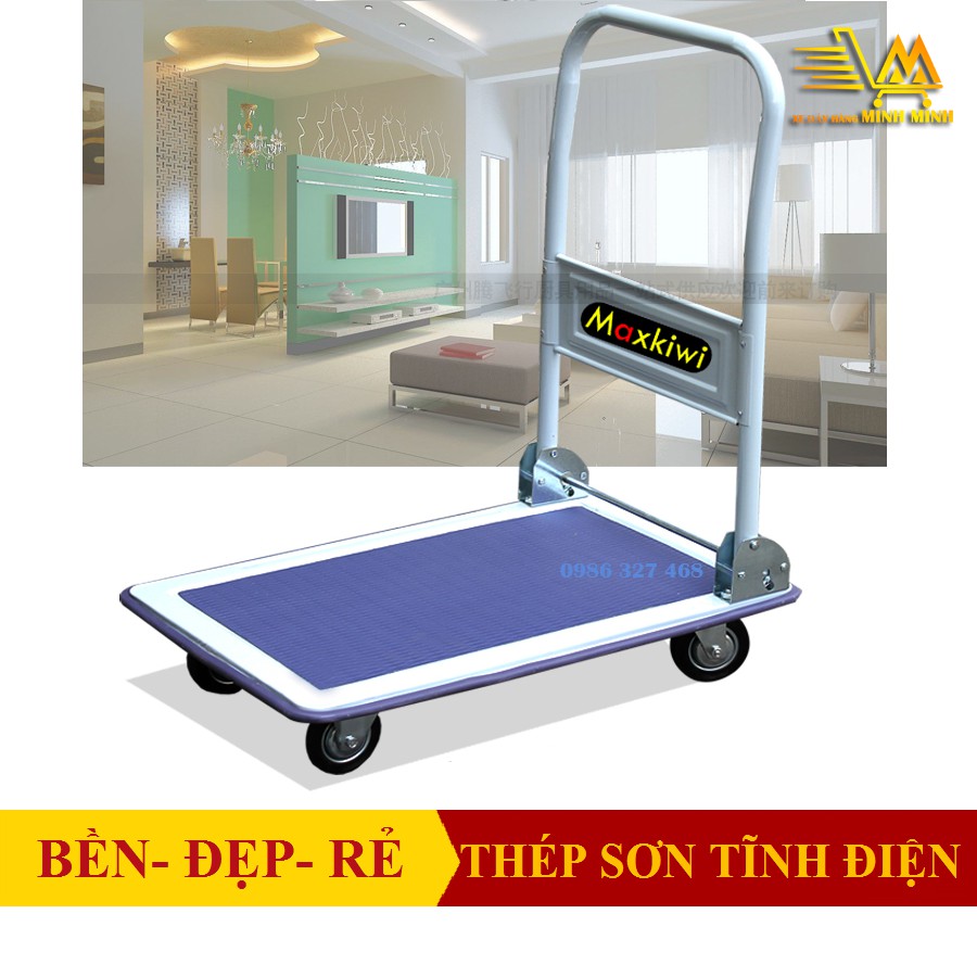 [Bền đẹp rẻ- VIDEO] Xe đẩy hàng 150kg, Xe đẩy hàng 4 bánh maxkiwi pt-0091 mới( SÀN THÉP+ TAY GẤP GỌN)