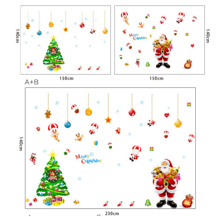 Decal Trang Trí Noel Bộ Ghép Size Lớn Ông Già Noel Cây Thông Và Phụ Kiện Treo