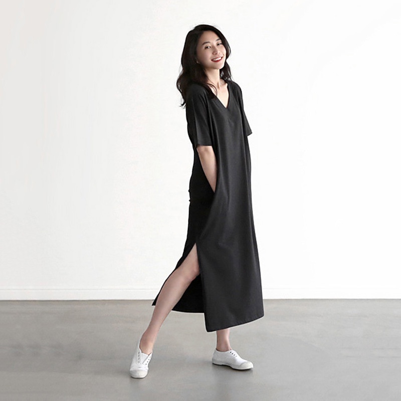 Đầm Dáng Dài Cổ Chữ V Tay Ngắn Chất Liệu Cotton Phong Cách Hàn Quốc Thời Trang Mùa Hè Hàng Mới Dành Cho Nữ 2022