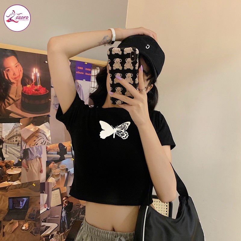 Áo croptop nữ ngắn tay ZOZORO ôm form in hình Hồ Điệp phản quang chất vải đẹp mát - AT07