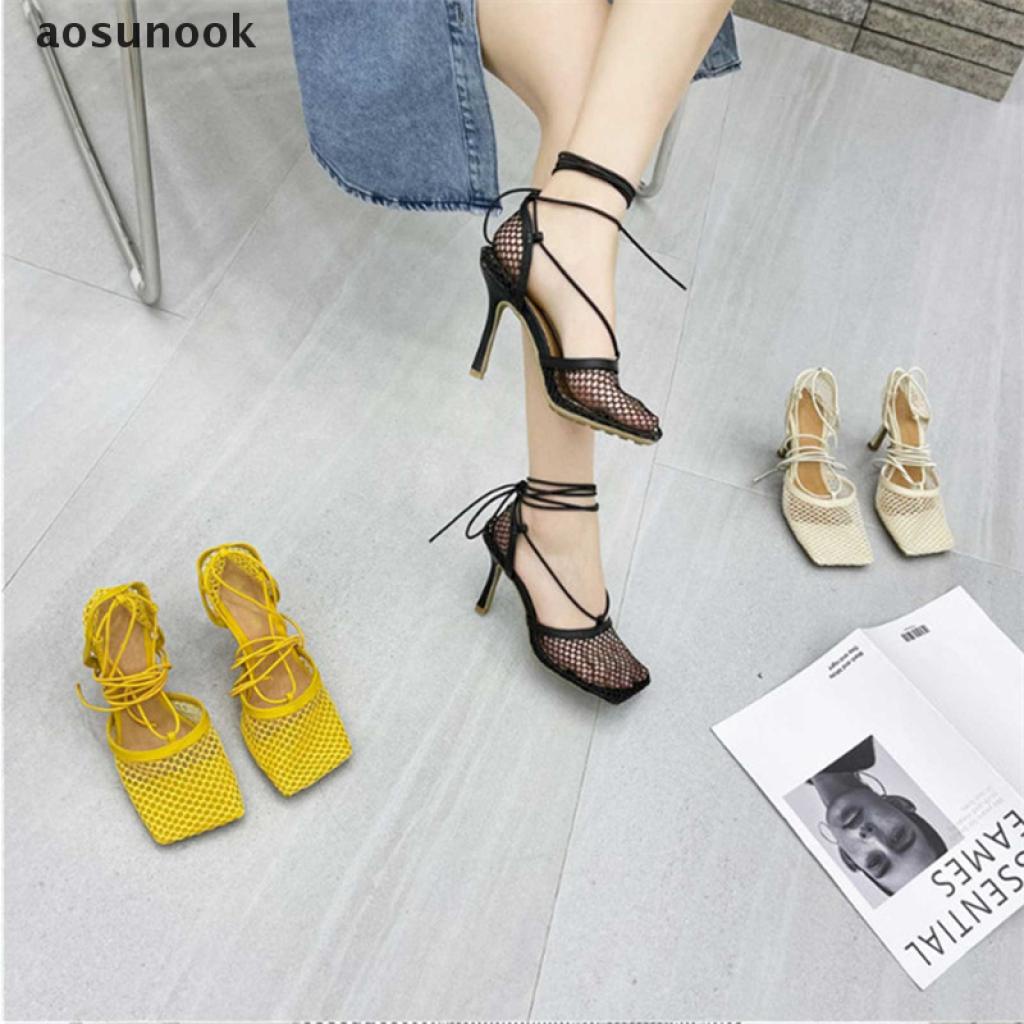 【ook】 2021 New Sexy Yellow Mesh Pumps Sandals Female Square Toe high heel Lace Up Cross-tied Stiletto hollow Dress shoes .