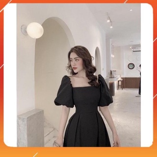 Đầm cổ vuông tay phồng xếp li eo