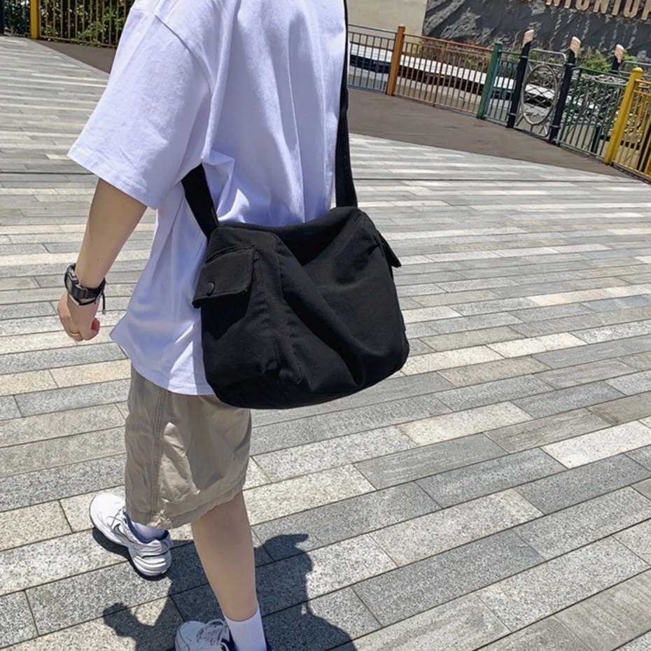 Túi đeo chéo vải canvas 2 túi hộp bên hông kiểu dáng sinh viên hiện đại