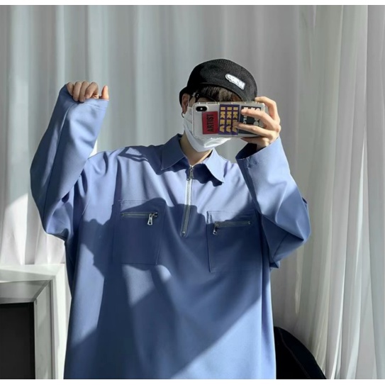 Áo Sơ Mi Cổ Polo Dáng Rộng Màu Trơn Thời Trang Hàn Quốc Cho Nam