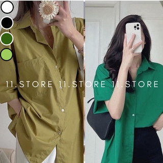 Áo sơ mi cộc tay trơn chất thô dáng rộng màu xanh lá đậm SM101