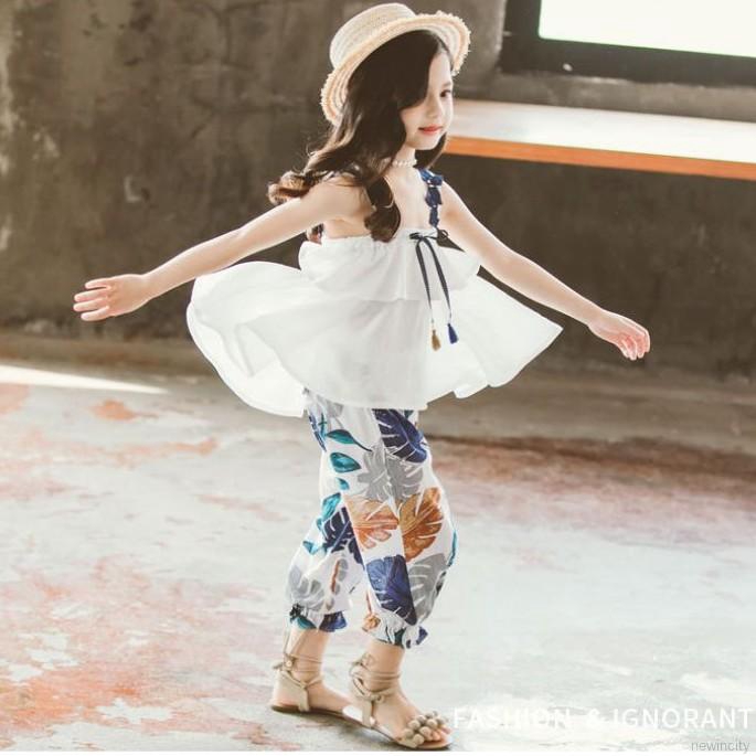 Bộ áo hai dây + quần dài in hoa lá dễ thương cho bé gái