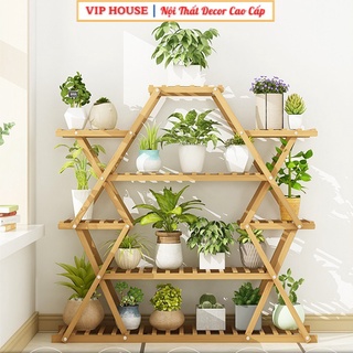 Kệ cây cảnh, kệ hoa gỗ tre ziczac trang trí sân vườn ban công phòng khách mgk045