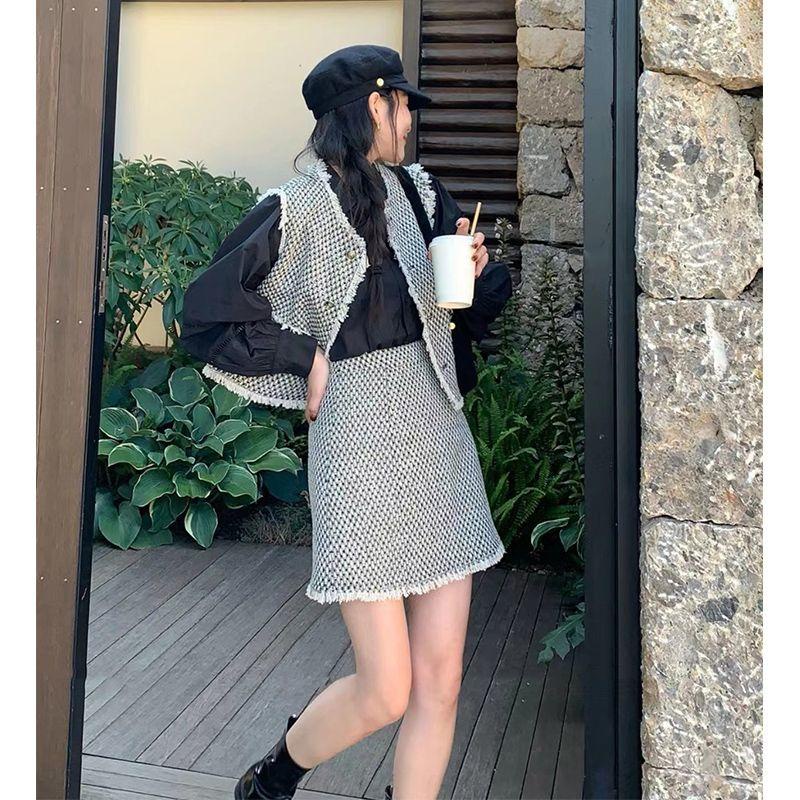 Set Dạ Tweed Áo Khoác Dạ Tweed Gile Nữ Kèm Chân Váy Dạ Chữ A Lưng Cao Thu Đông Công Sở Sang Chảnh Hàn Quốc SD042