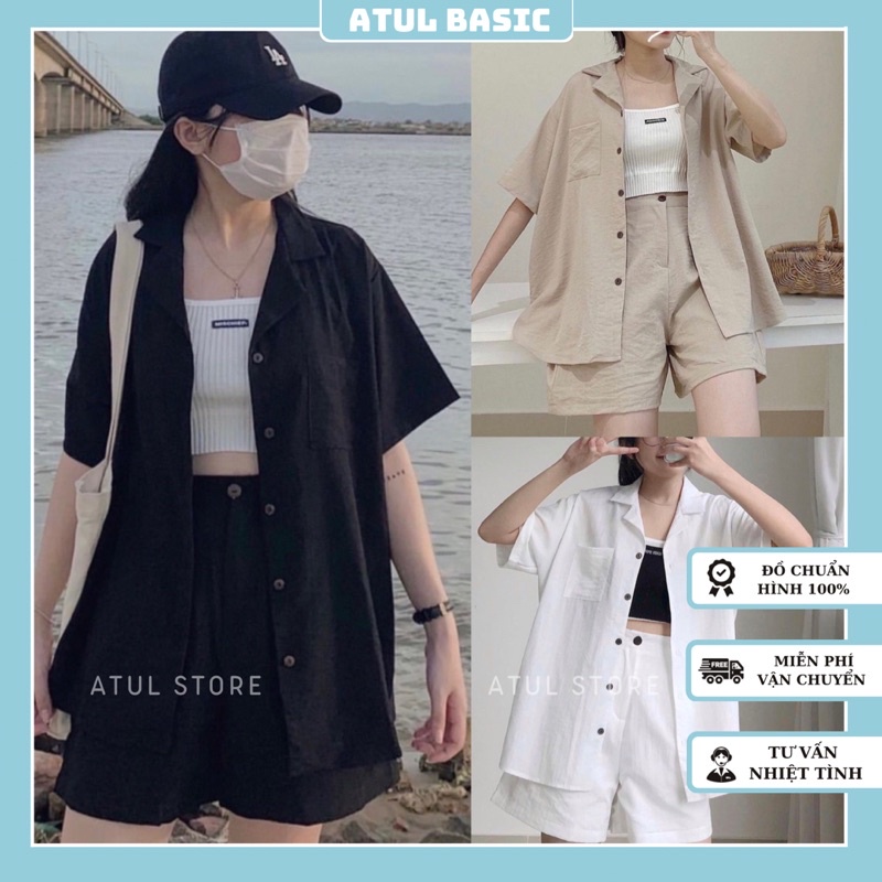 Set Đồ Nữ, Set Áo Sơmi Tay Ngắn Cổ Vest Và Quần Short Cực Phong Cách Basic Dạo Phố- Tonki Set
