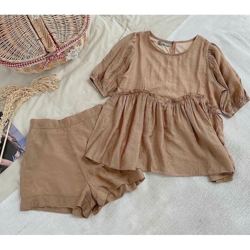 set babydoll nâu phối bèo + short