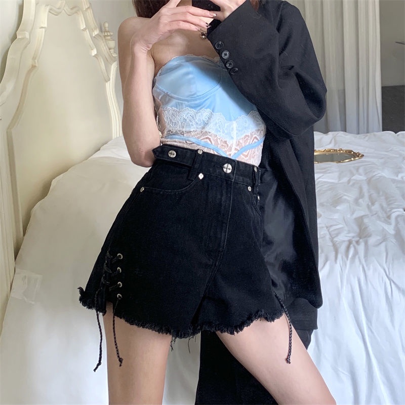 Quần Short Denim Màu Đen Lưng Cao Phong Cách Hàn Quốc Cho Nữ