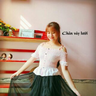 Chân váy phối lưới dáng dài - ảnh thật