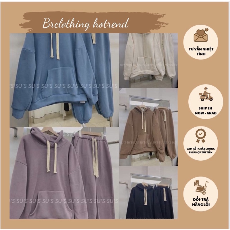 Sét Áo Hoddie và Quần Bomber Nỉ NữBộ From rộng tay bồng bo tay Nhiều màu Tím/Be/Nâu/Hồng phong cách Ulzzang