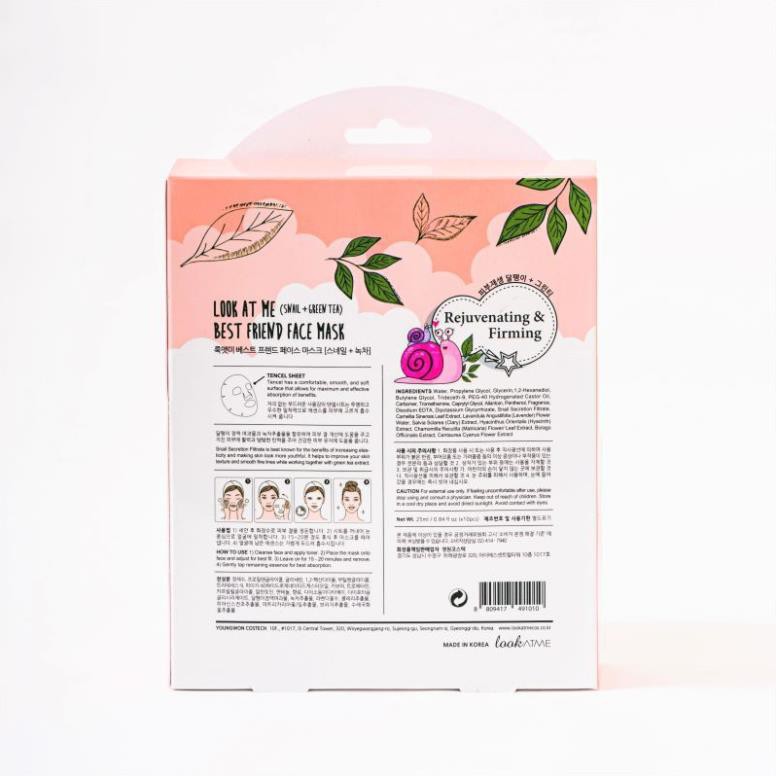 HỘP 10 MIẾNG ĐẮP MẶT NẠ HÀN QUỐC ỐC SÊN + TRÀ XANH LOOKATME BEST FRIEND SNAIL + GREEN TEA FACE MASK 25ML