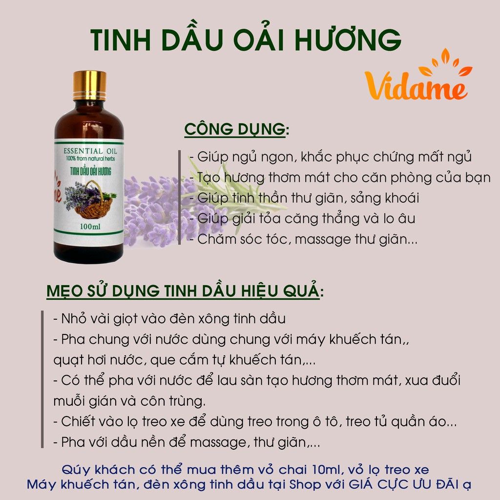 Tinh dầu thiên nhiên oải hương 100ml CANIFO - tinh dầu thơm nhà lavender cao cấp,nhập khẩu, lọ treo 10ml