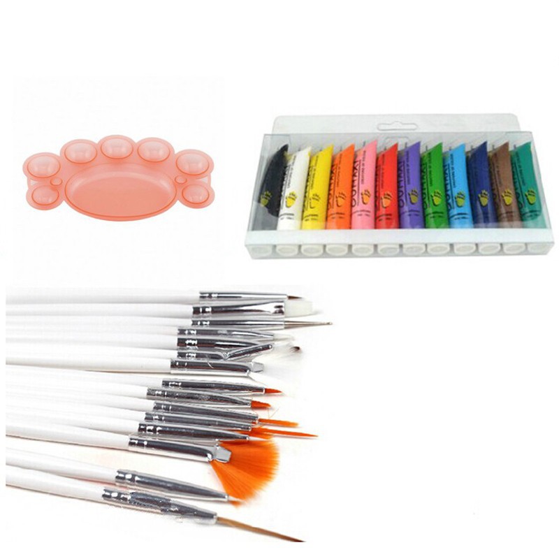 Set 15 cọ vẽ móng kèm 12 tuýp màu gel và bảng nhựa để màu