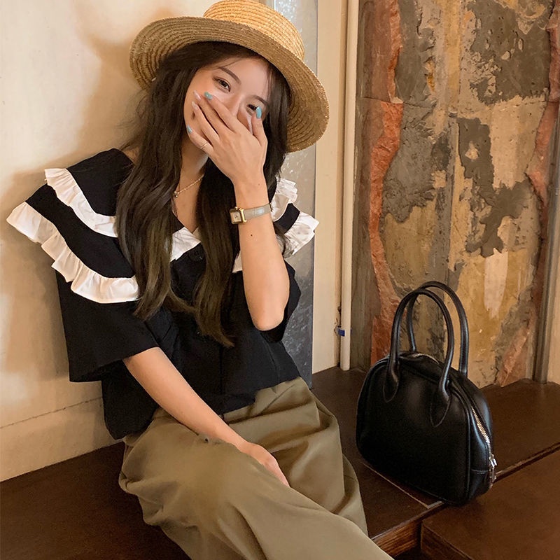 Áo sơ mi tay ngắn cổ búp bê dáng rộng thiết kế mới thời trang cho nữ