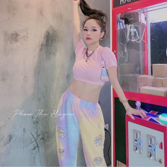 Set áo thun croptop mix bé quần thun loang thụng bom hoa cúc xuất sắc ha