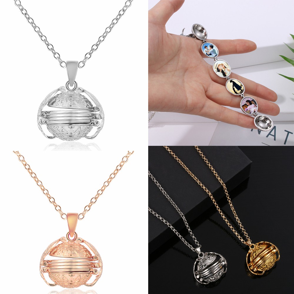 💍HS💄 New Memory Floating Locket Necklace Jewelry Long Chain Magic 4 Photo Pendant Family Photo Expanding Fashion Gifts Angel Wings/Multicolor