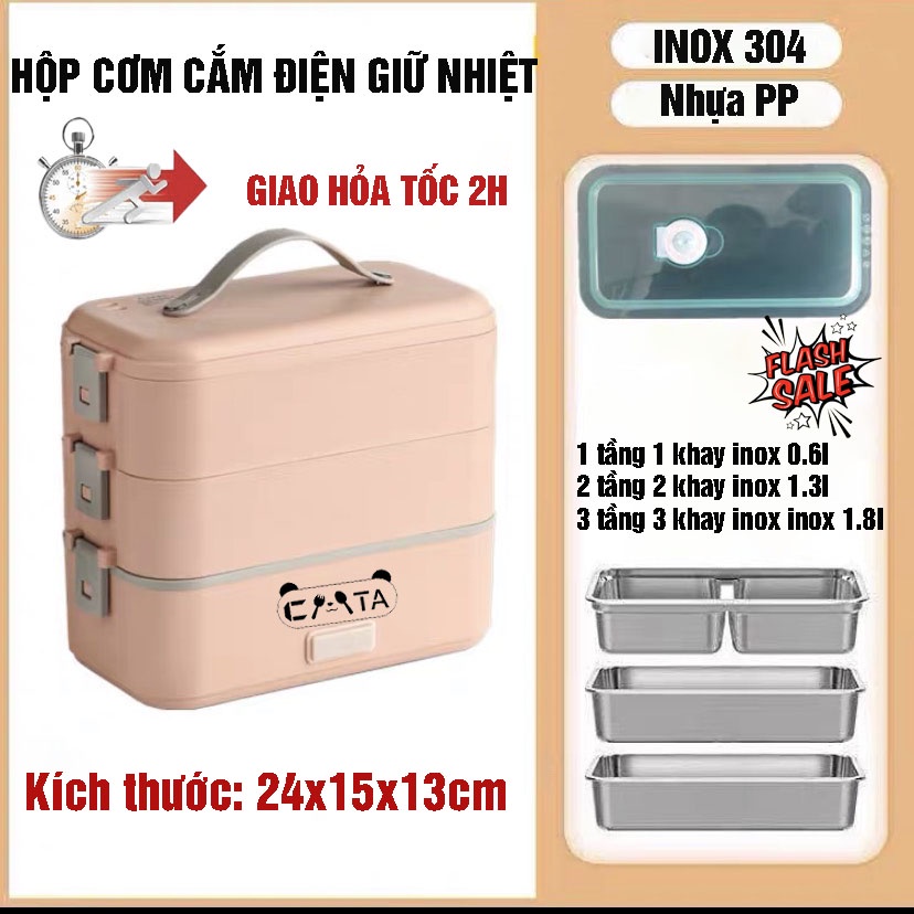 Hộp cơm cắm điện 1-2-3 tầng inox CÁT Á giữ nhiệt hâm đóng và tự nấu chín thức ăn, Cà Men Đựng Cơm Đi Làm.