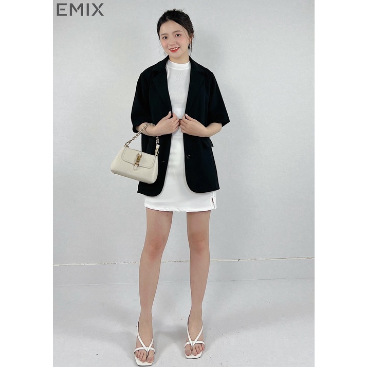 Áo vest cộc tay EMIX (3 màu), blazer, dáng dài, khoác, 2 cúc, form rộng, đi học, đi làm, chất vải trượt Hàn 6087