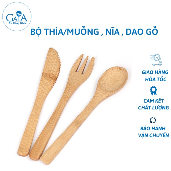 Bộ Thìa(Muỗng), Nĩa, Dao Bằng Gỗ Tre - Tặng Kèm Túi Vải