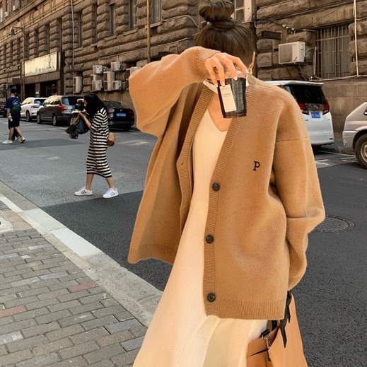 Áo khoác cardigan ZHELIHANGFEI tay dài dáng rộng cổ chữ V thời trang dành cho nữ