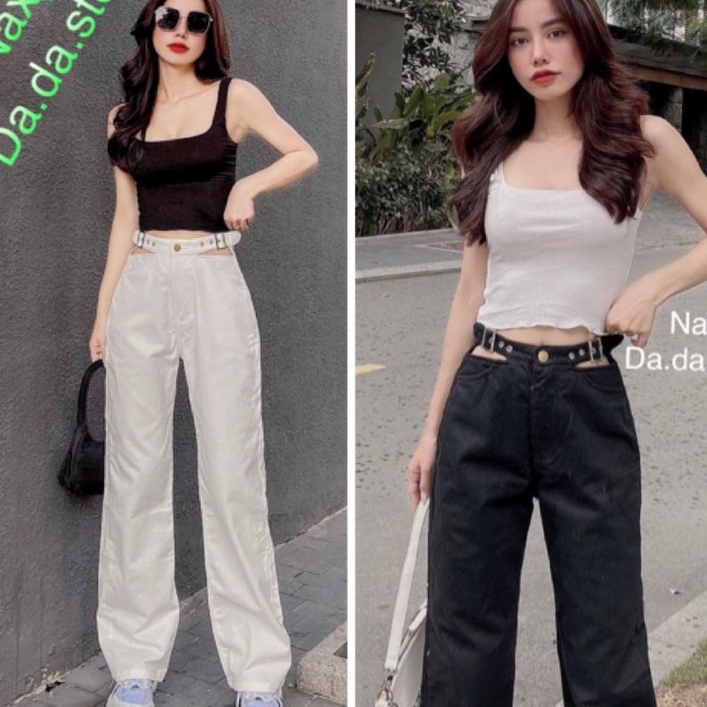 quần baggy xuông dài ống rộng nữ đen trắng khoen eo 3256
