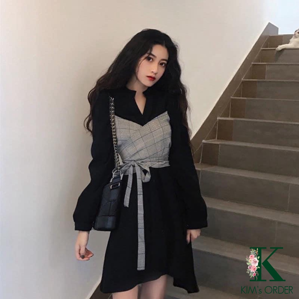 Set váy nữ màu đen màu be phối kẻ thắt nơ eo cá tính thời trang hàng Quảng Châu phong cách Hàn Quốc loại cao cấp đủ size | BigBuy360 - bigbuy360.vn