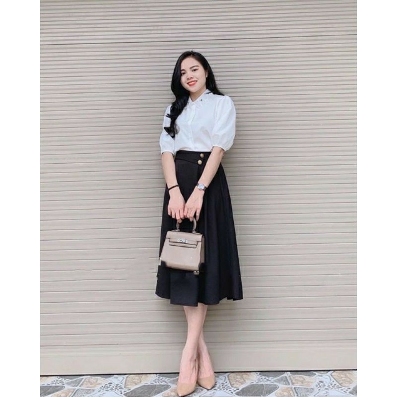 Chân váy dáng dài công sở,Chân váy công sở midi qua gối xếp ly đính cúc eo- màu đen | BigBuy360 - bigbuy360.vn