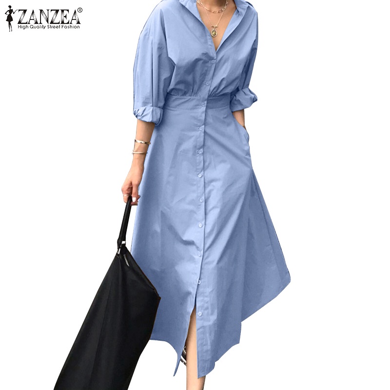 Đầm Dài ZANZEA Dáng Rộng Chữ A Lưng Cao Tay Dài Cổ Có Ve Áo Thời Trang Cho Nữ