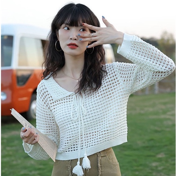 Áo ZHELIHANGFEI dệt kim tay dài cổ bẻ cá tính thời trang dành cho nữ