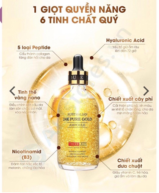 💛🌼Serum Dưỡng Trắng Da, Chống Lão Hóa Australian 24K PURE GOLD AMPOULE THERALADY 100ml của Úc