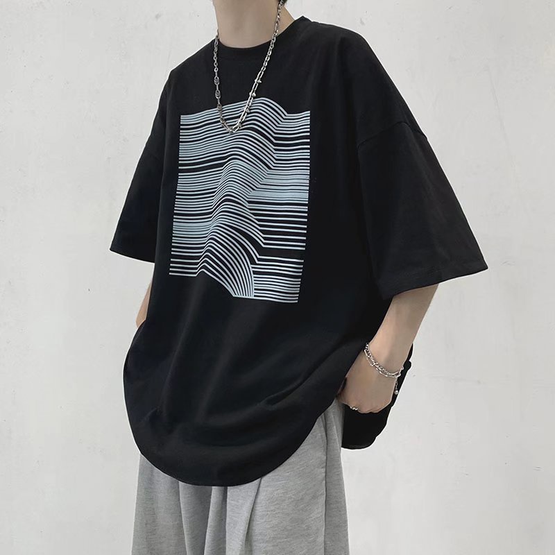 Áo Thun Tay Ngắn Dáng Rộng In Họa Tiết Kẻ Sọc Phong Cách Hip Hop Hàn Quốc Thời Trang Cho Nam