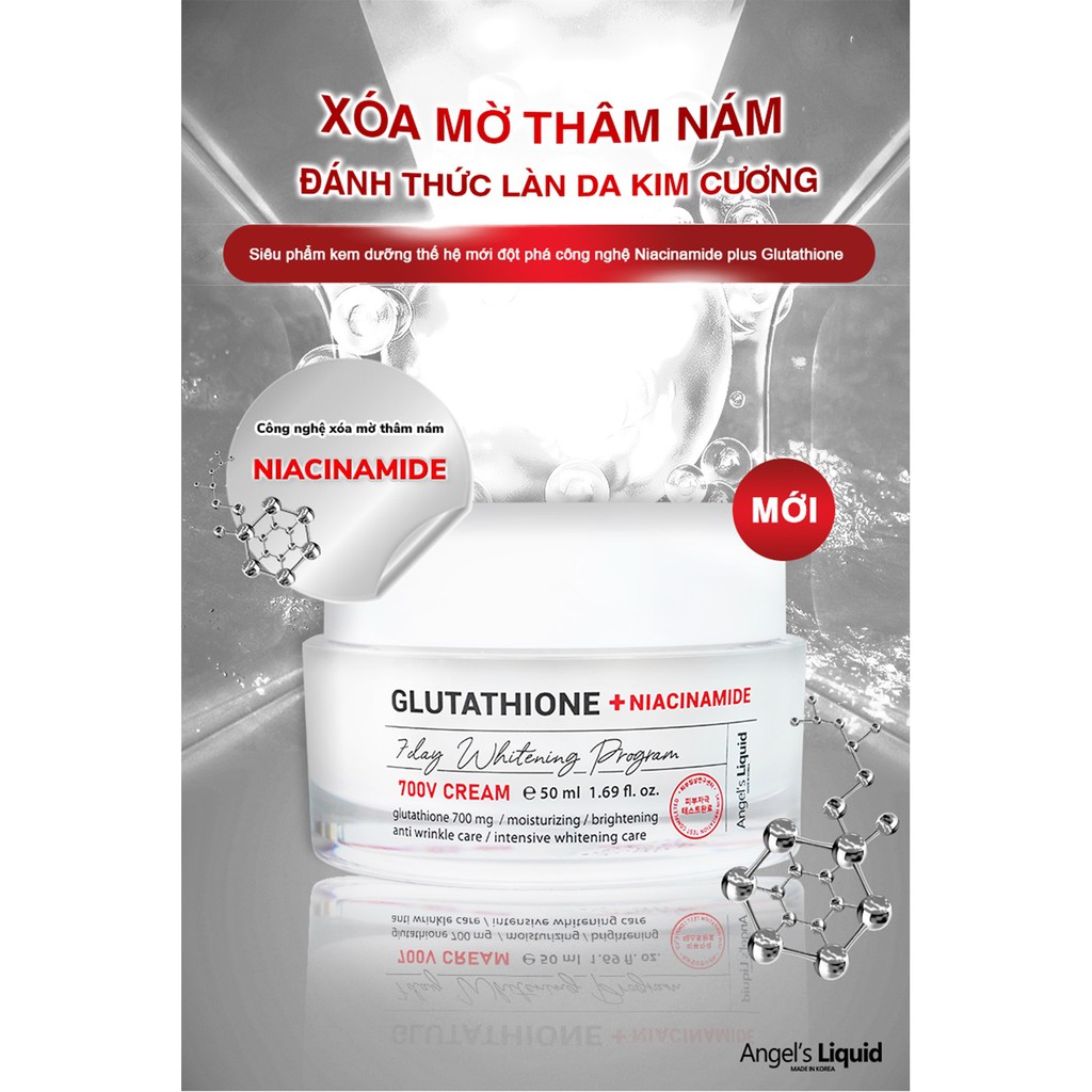 Kem dưỡng trắng, dưỡng ẩm, mờ thâm da Angel Liquid 7 Day Whitening Program Glutathione 700 V-Cream 50ml - NIACINAMINE