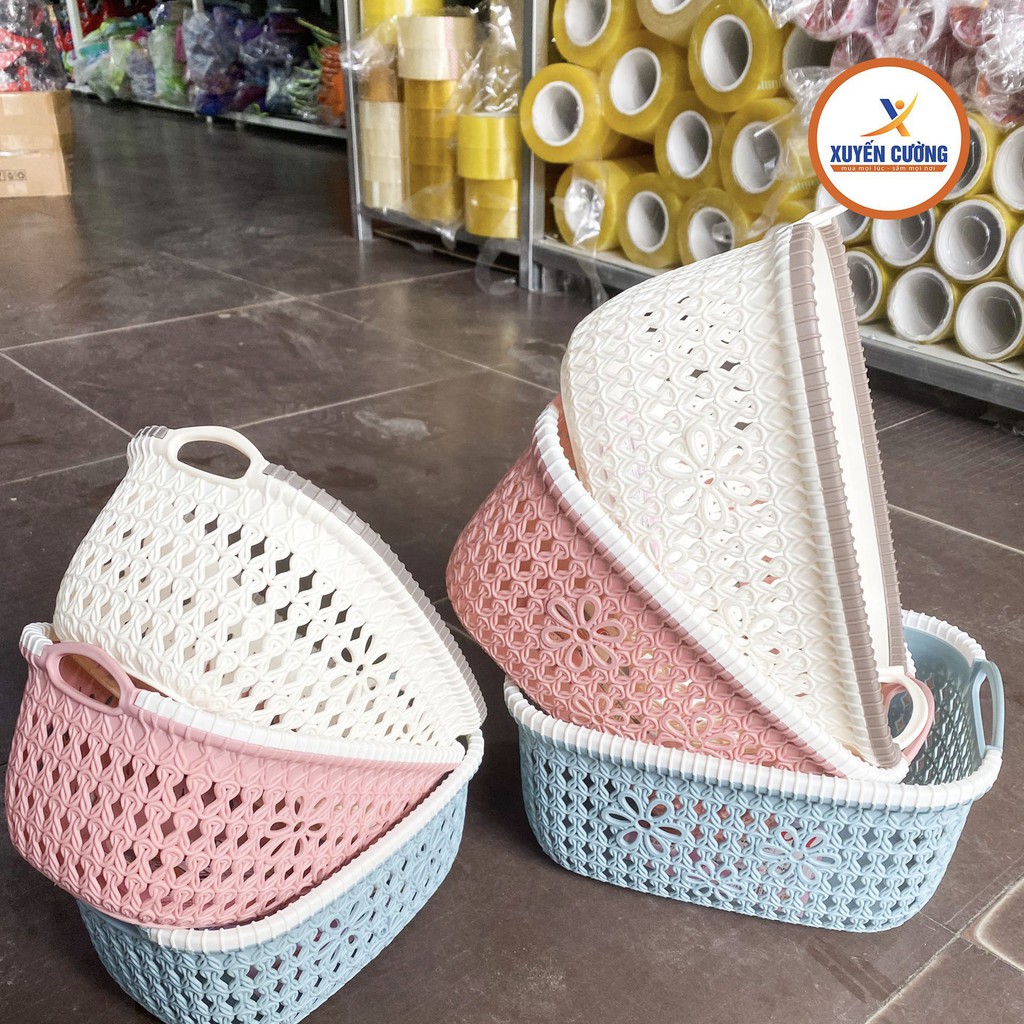 Giỏ nhựa việt nhật có quai 3377 và 3378,Rổ nhựa đan giả mây,tiện lợi,siêu xinh,chính hãng