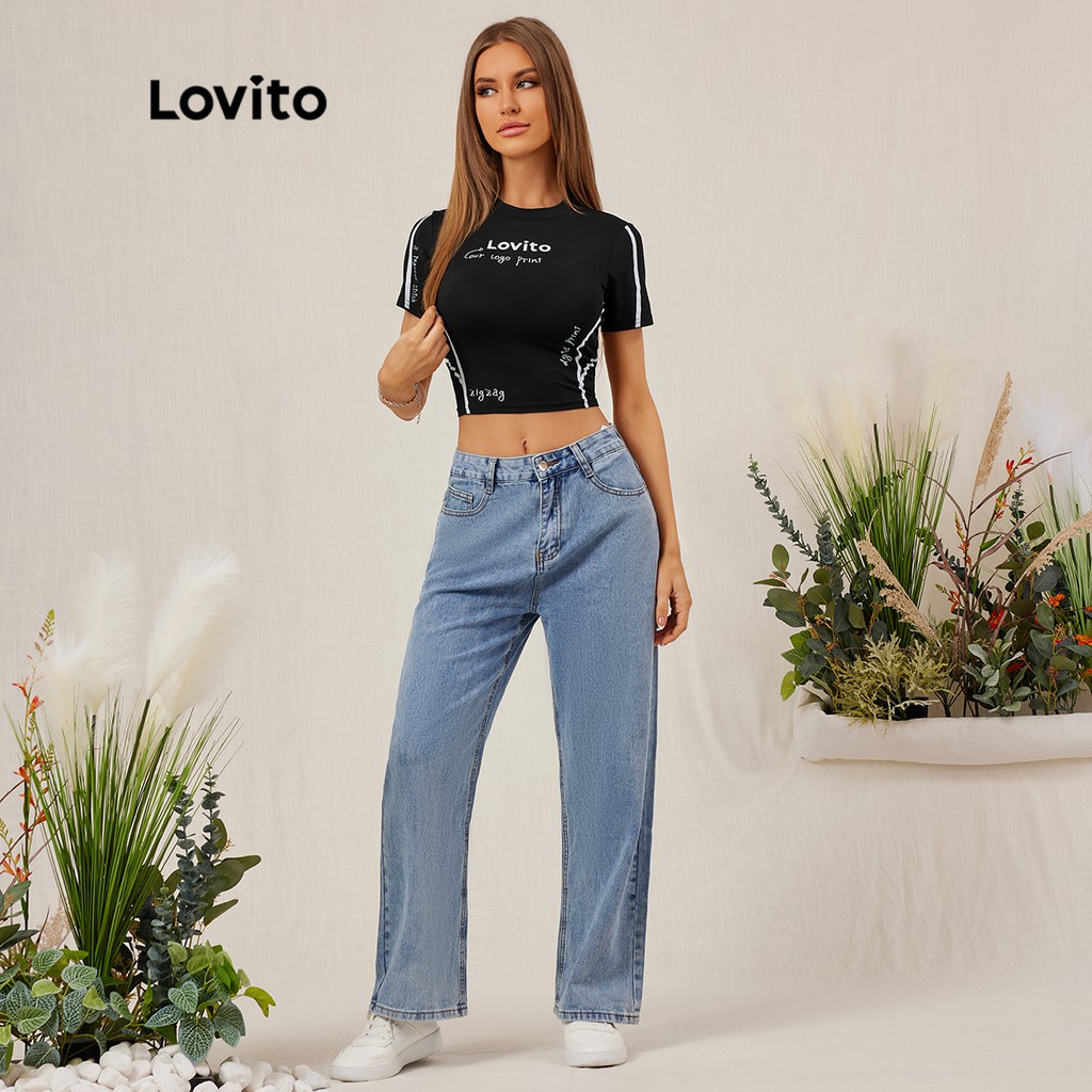 Áo thun Lovito tay áo ngắn in ký tự nổi bật L18E031 (Màu đen)