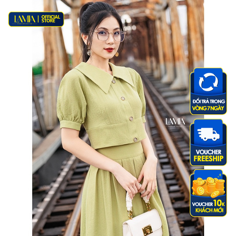 Set sơ mi nữ hè Lamia Design SET018 màu xanh cốm phối lụa trẻ trung