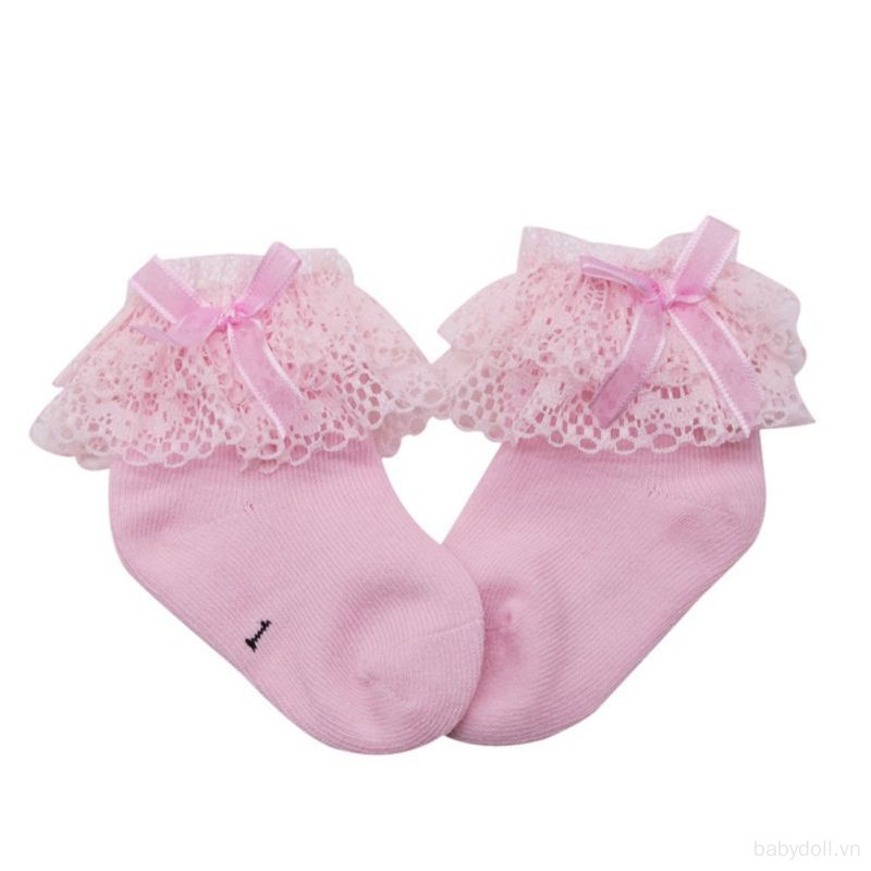 Vớ Cotton Mềm Mại Phối Ren Nhún Bèo Màu Trơn Dành Cho Bé Gái