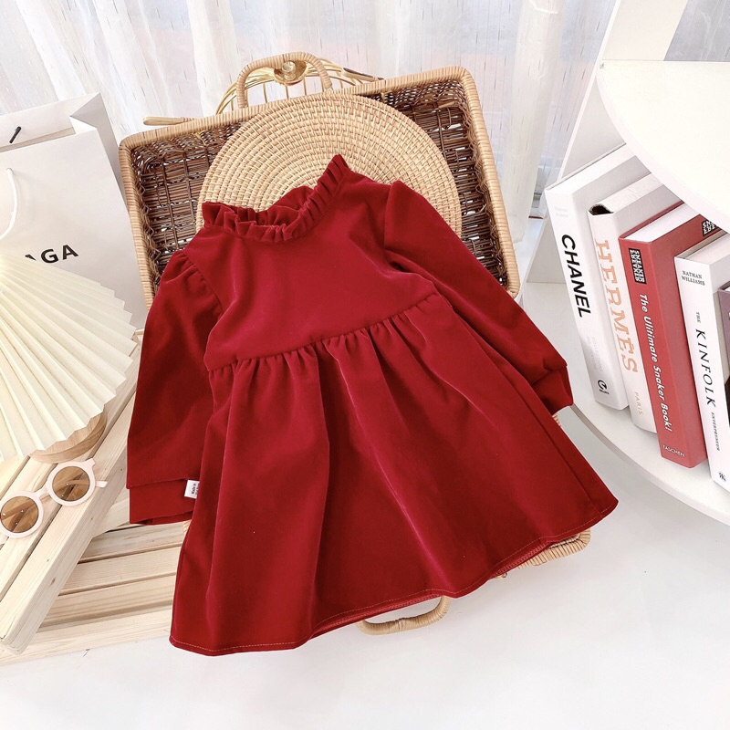 (xả) váy nhung đỏ thiết kế vải nhung cao cấp cho bé gái (10-22kg)